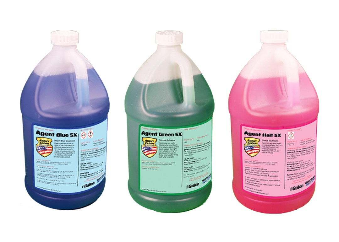 Gallon jugs of Agent Clean Solutions concentrated 5X Formula